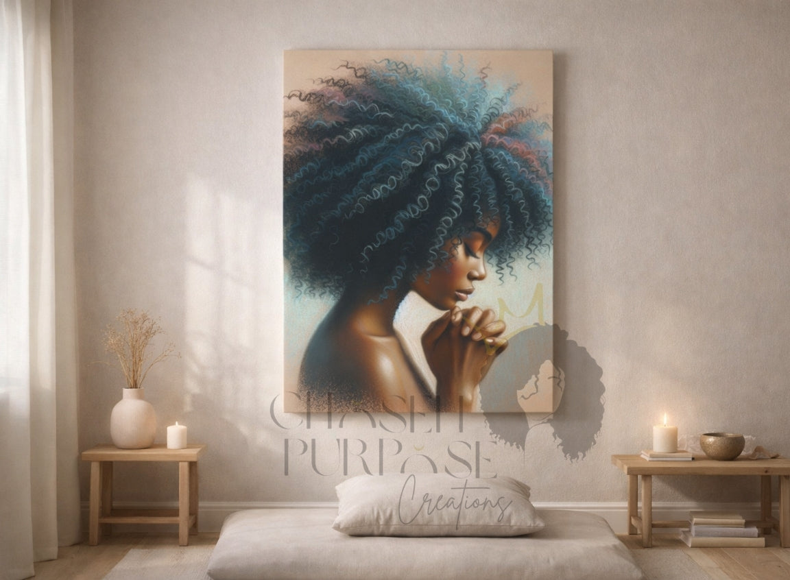 Room interior with a large wall art of a woman with an afro and text, minimal decor.