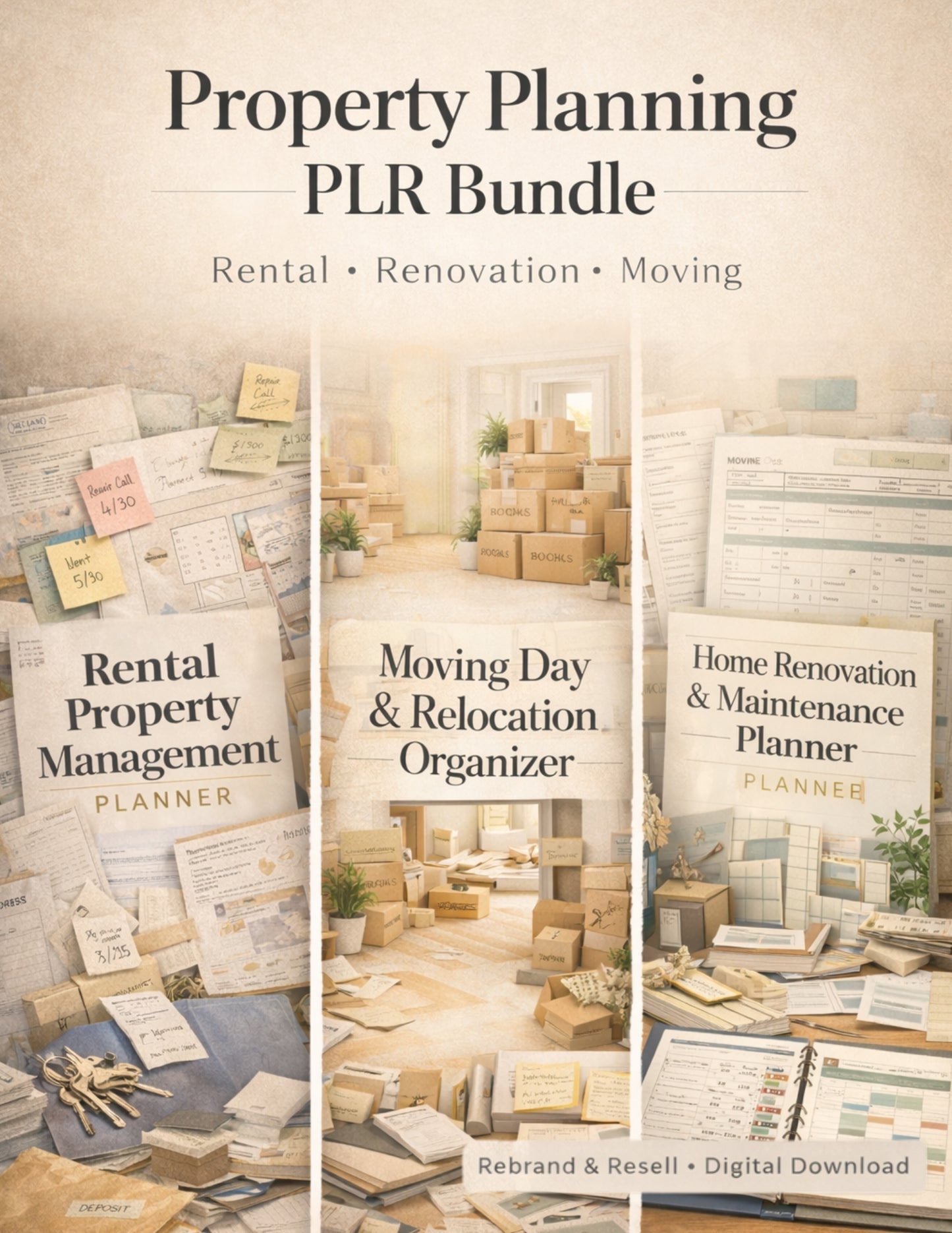Property Management & Moving Planner PLR Bundle – Rental Management, Home Renovation & Relocation Organizers (Rebrand & Resell)