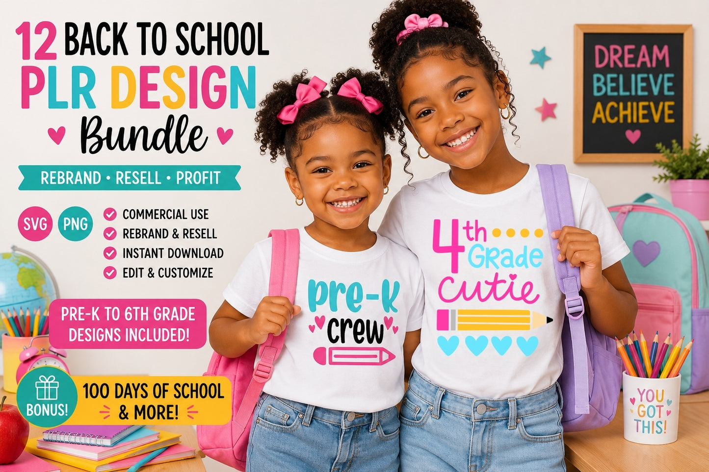 12 Back to School PLR Design Bundle | SVG PNG | Rebrand & Resell | Commercial Use | Grades Pre-K–6 | Instant Download