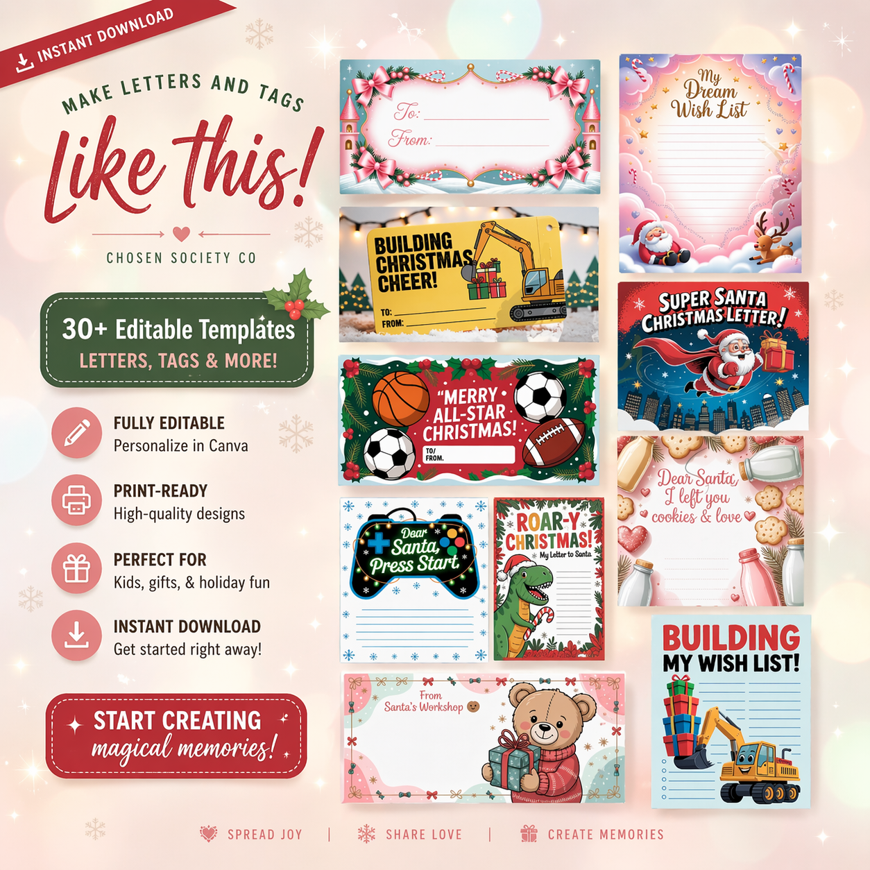 Collection of Christmas-themed templates for letters and tags with promotional text on a light background.