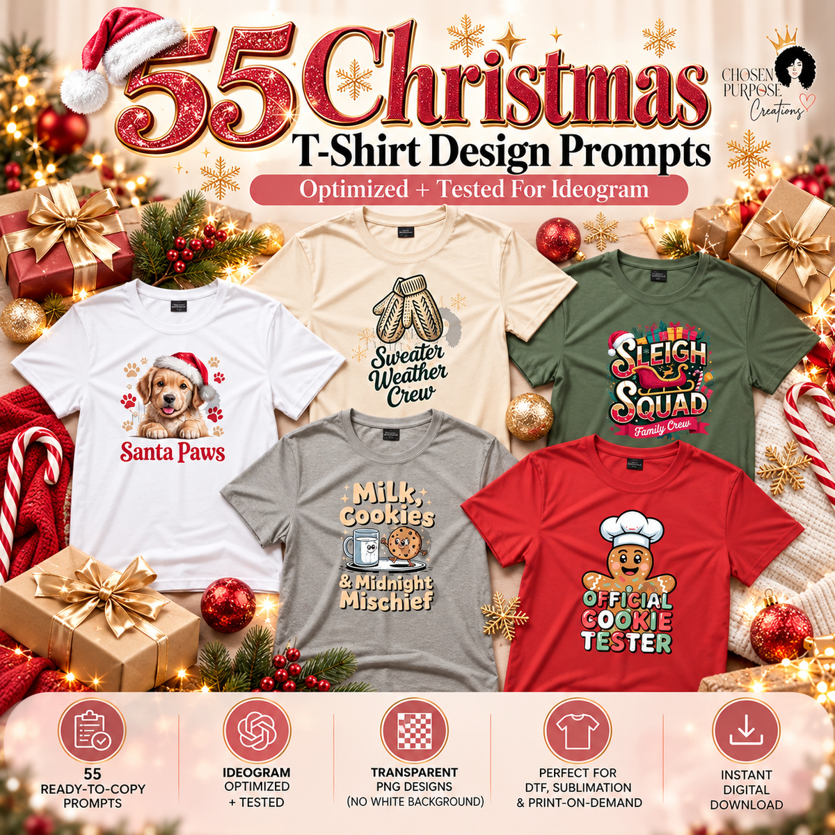 55 Christmas T-Shirt Design Prompts + Beginner Guide | FREE Resellable Christmas PNG Included!