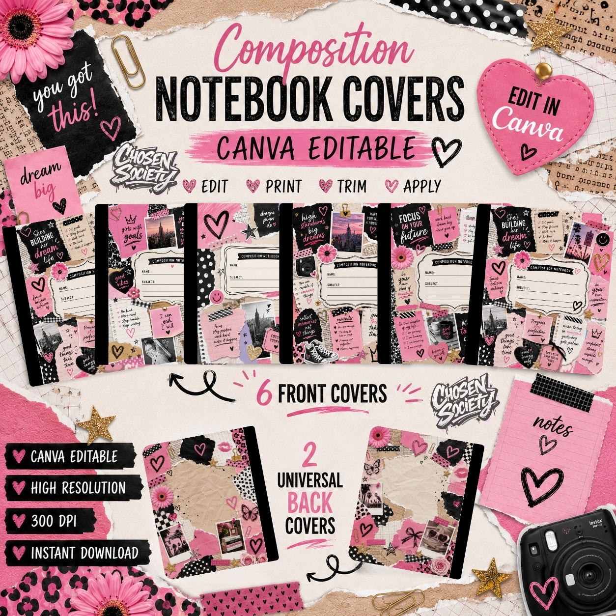 Teen Scrapbook Composition Notebook Covers | Canva Editable | 6 Front + 2 Universal Back Covers | Printable School Notebook Covers | Instant Download