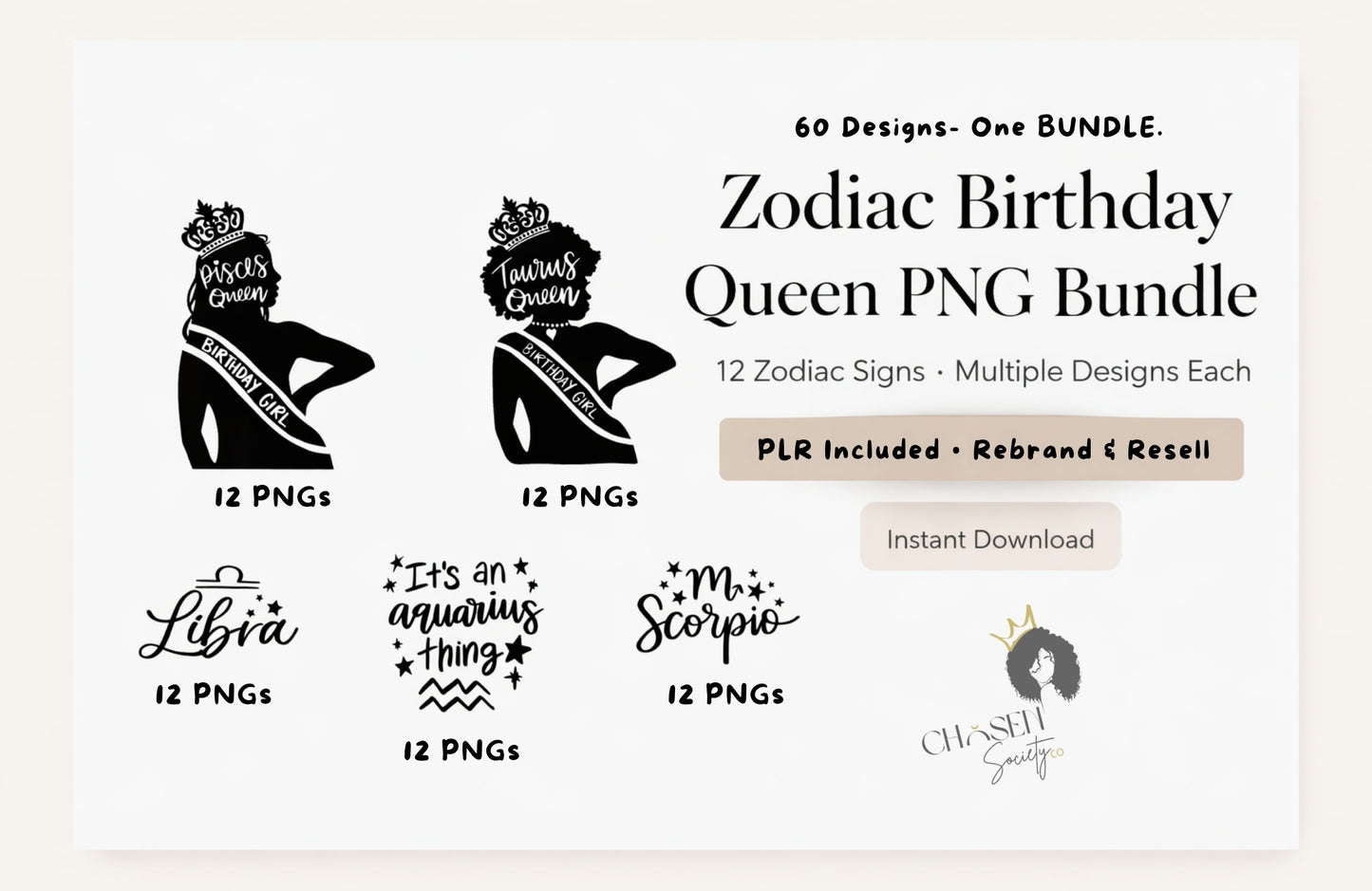 Zodiac Birthday Queen PNG\SVG Bundle – 60 Astrology Designs with PLR for Rebrand & Resell