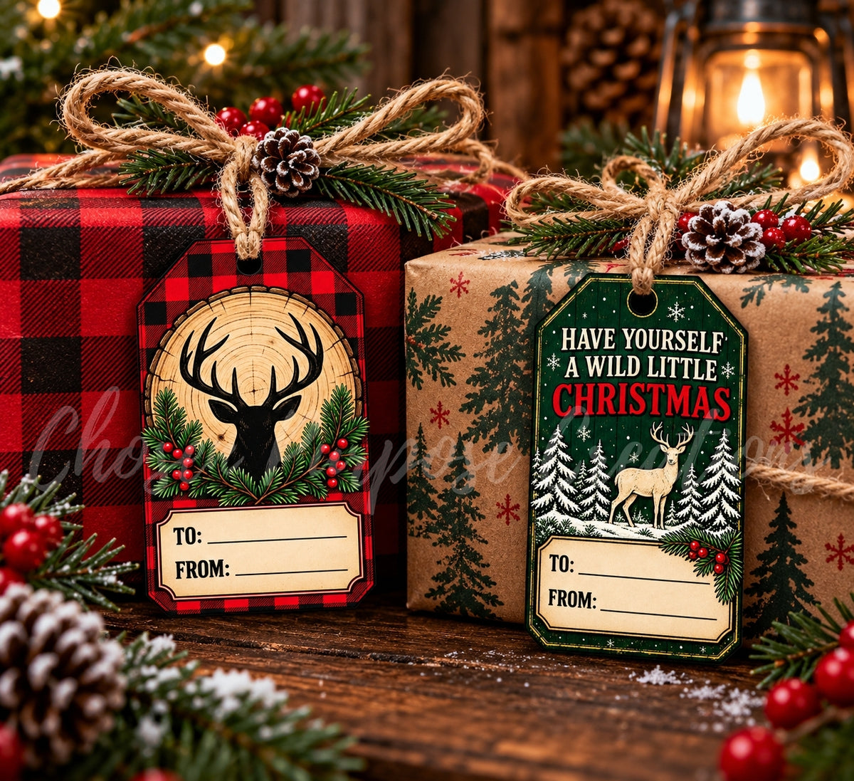Rustic Christmas Gift Tag Creator Pack | 13 Printable Tags + 10 AI Prompts | Vintage Lodge Edition
