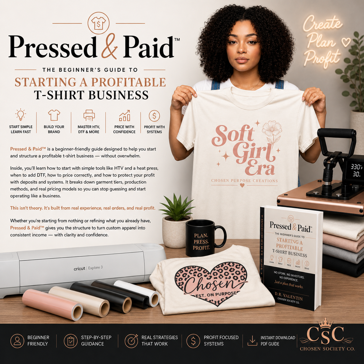 Woman holding a t-shirt with 'Soft Girl Era' design, surrounded by branded materials and text about starting a t-shirt business.
