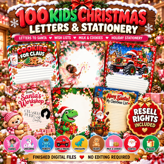 100 Kids Christmas Letters | Stationery Bundle | Letters to Santa, Wish Lists, Milk & Cookies | Resell Rights