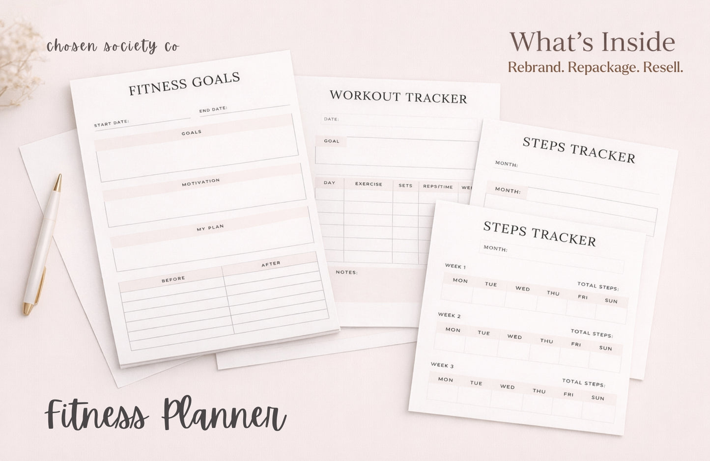 Healthy Living Planner Bundle (Editable PLR Templates for Meal Planning & Fitness)