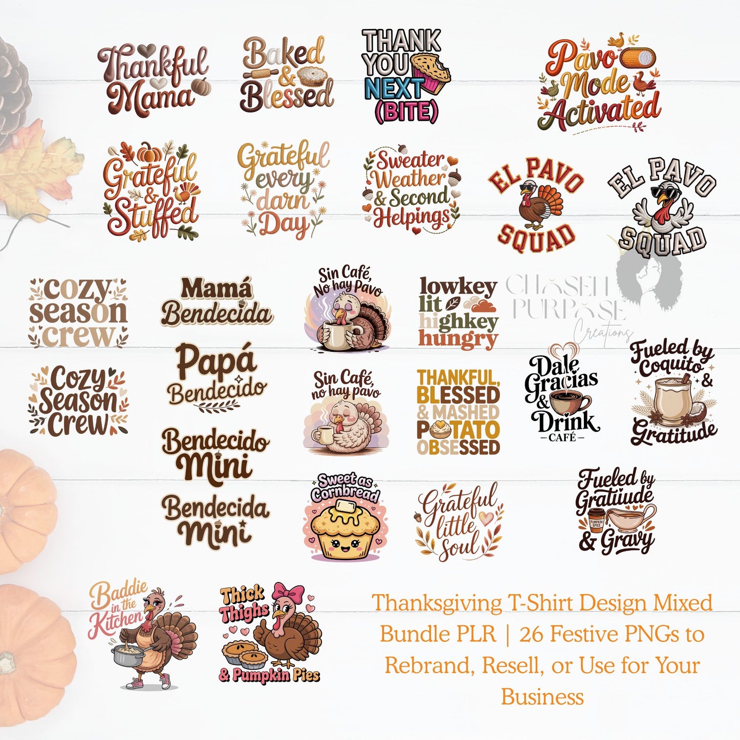Thanksgiving T-Shirt Design Mixed Bundle PLR | 26 Festive PNGs (English & Spanish) with Faux Embroidery | DTF & Sublimation Designs to Rebrand & Resell
