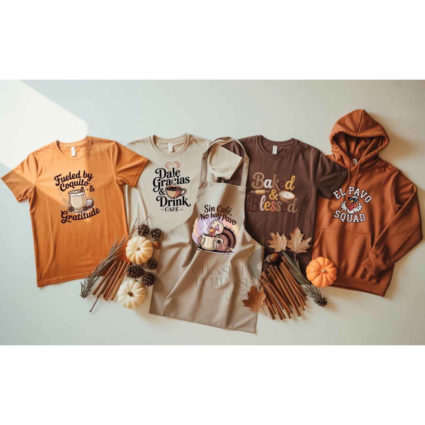 Thanksgiving T-Shirt Design Mixed Bundle PLR | 26 Festive PNGs (English & Spanish) with Faux Embroidery | DTF & Sublimation Designs to Rebrand & Resell