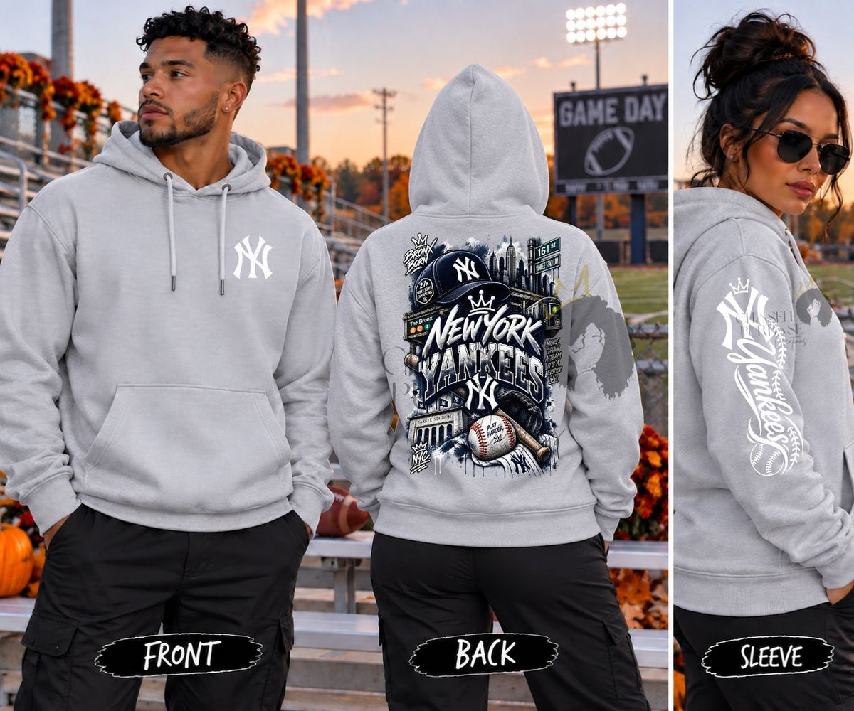 New York Yankees Inspired Hoodie | Front, Back & Sleeve Designs | Custom Baseball Hoodie