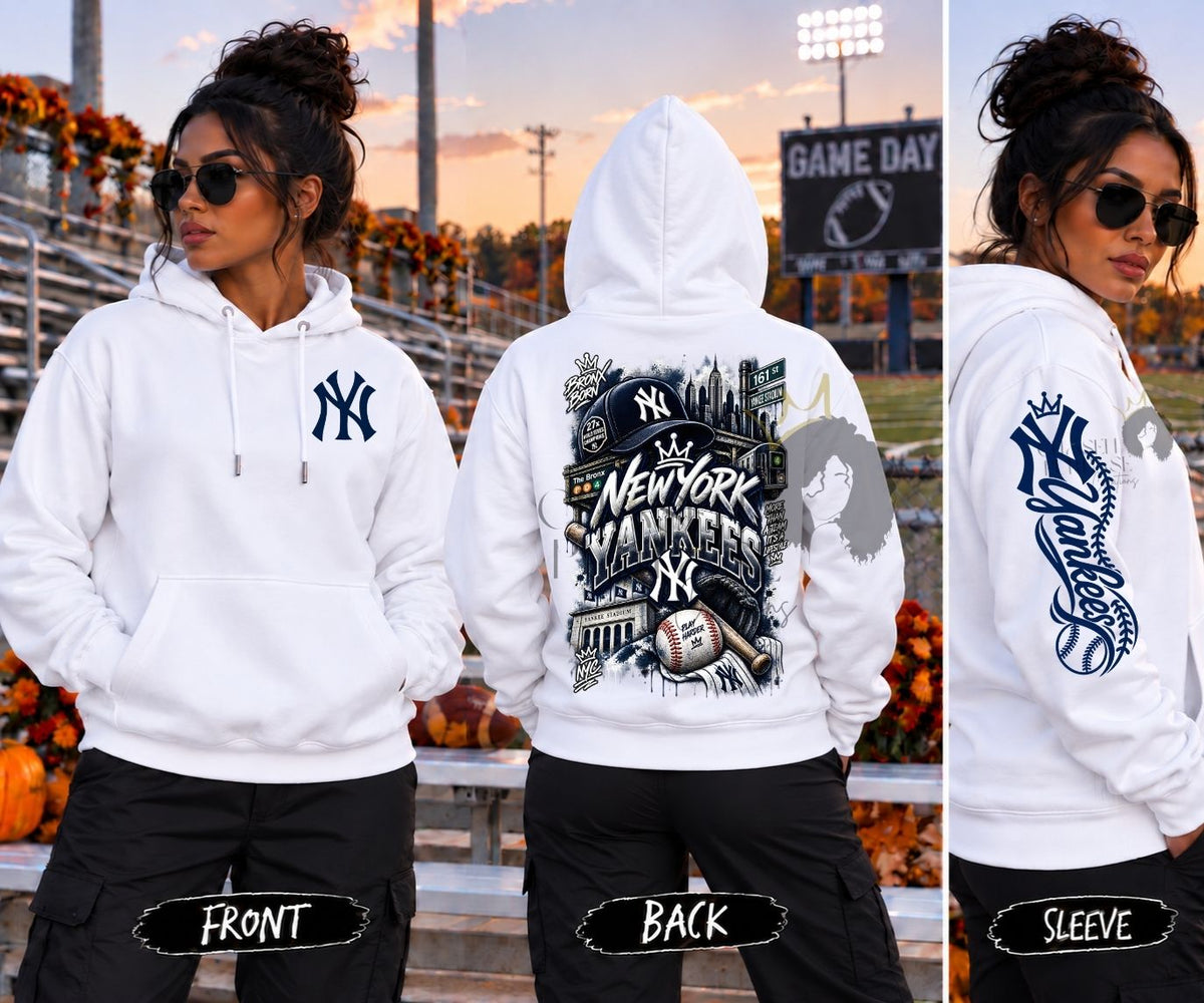 New York Yankees Inspired Hoodie | Front, Back & Sleeve Designs | Custom Baseball Hoodie