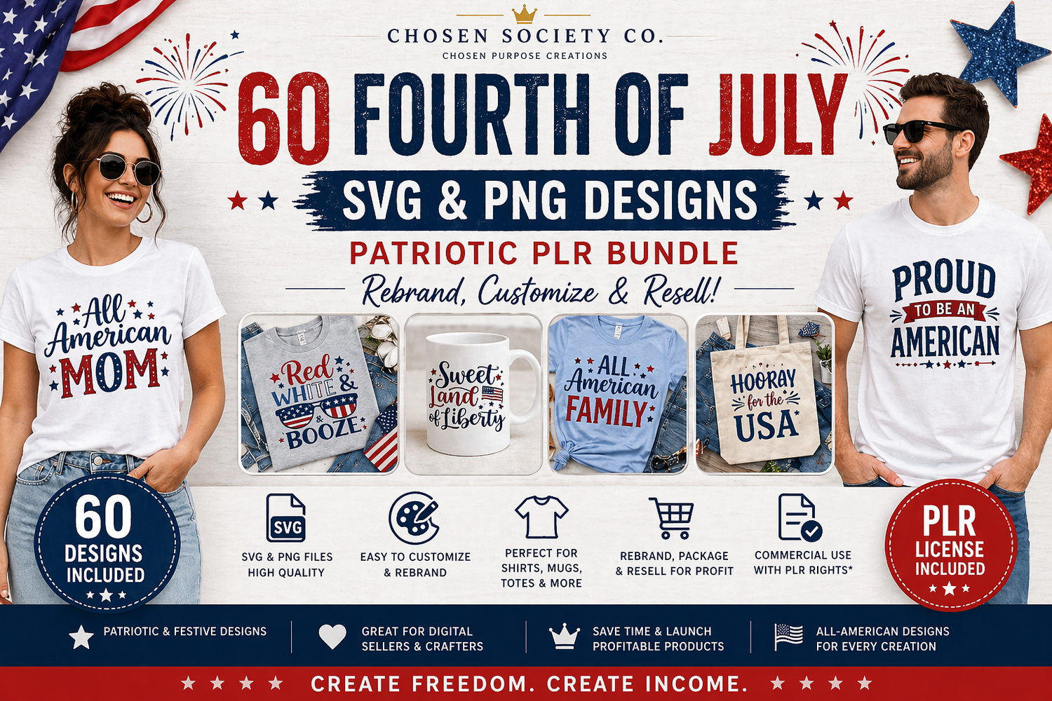 Promotional banner for 60 Fourth of July SVG & PNG designs by Chosen Society Co., featuring a man and woman wearing white t-shirts with patriotic text.