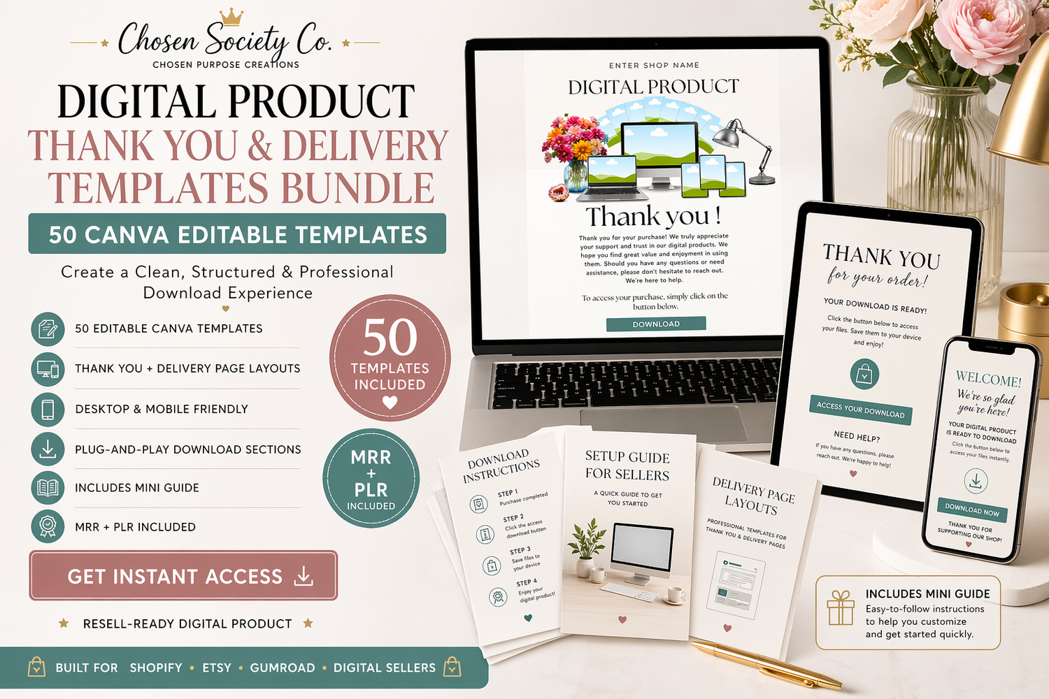 Digital product thank you and delivery templates bundle with laptop, phone, and stationery on a desk.