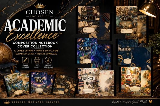 Academic Aesthetic Composition Notebook Covers Bundle | 10 Canva Editable School Covers + Matching Back Covers | Printable Composition Notebook Templates