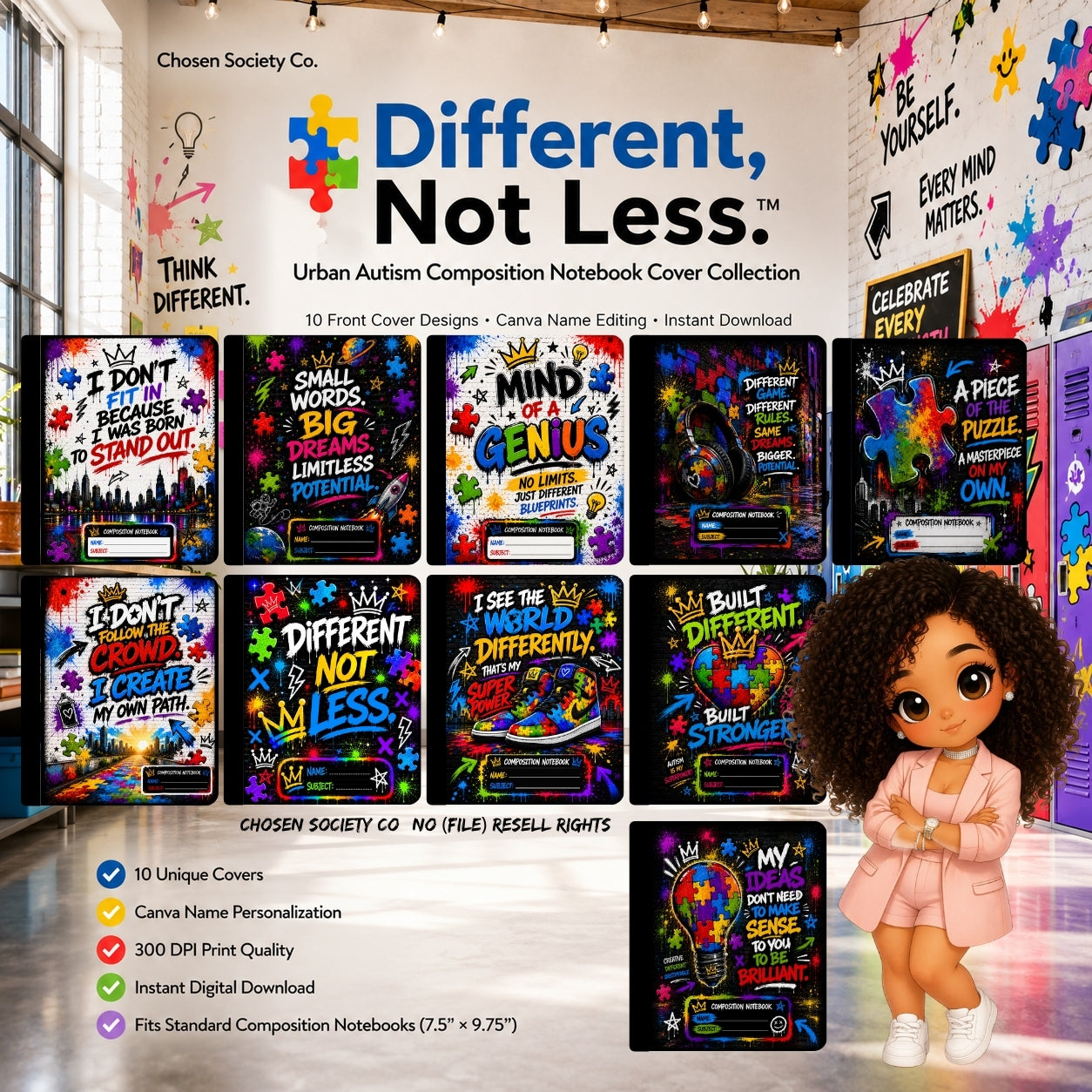 Different, Not Less™ | Autism Composition Notebook Covers | 10 Printable Graffiti Designs | Canva Ready