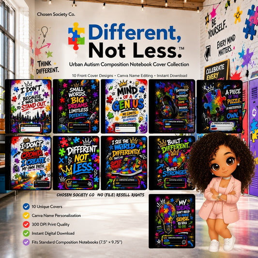 Different, Not Less™ | Autism Composition Notebook Covers | 10 Printable Graffiti Designs | Canva Ready