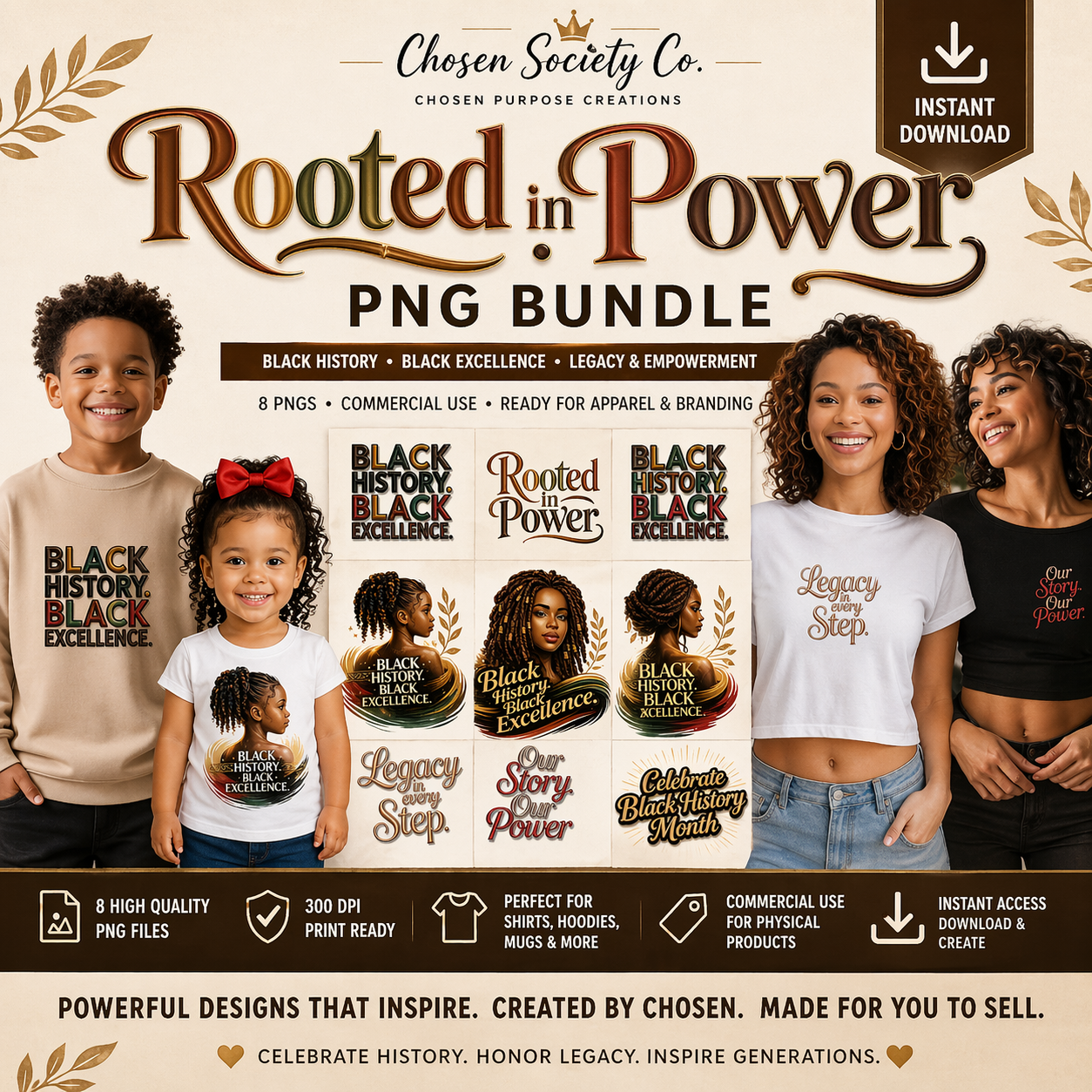 Promotional graphic for 'Rooted in Power' PNG bundle by Chosen Society Co. featuring text and images of people and children with related phrases.