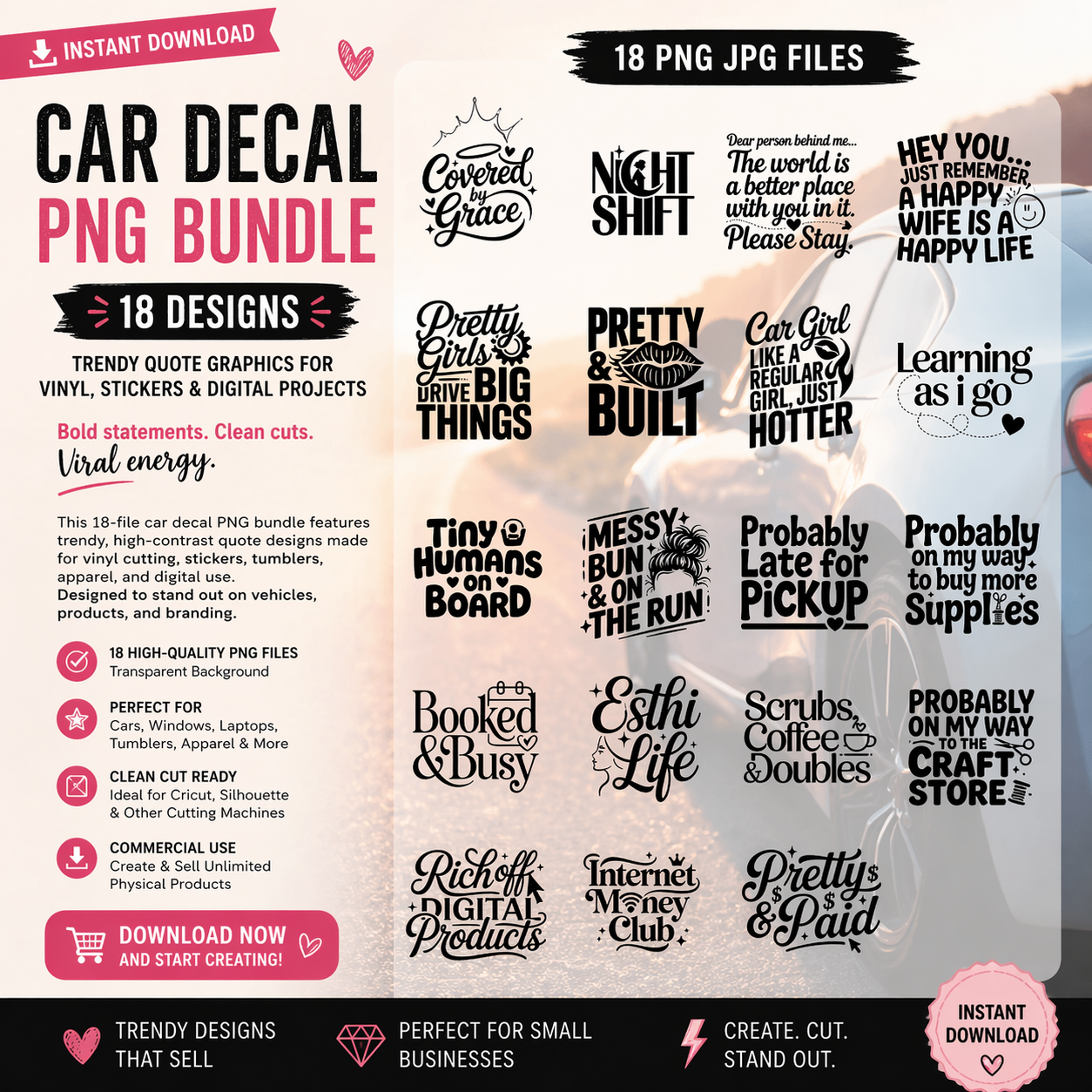 Car decal PNG bundle with various designs on a blurred background