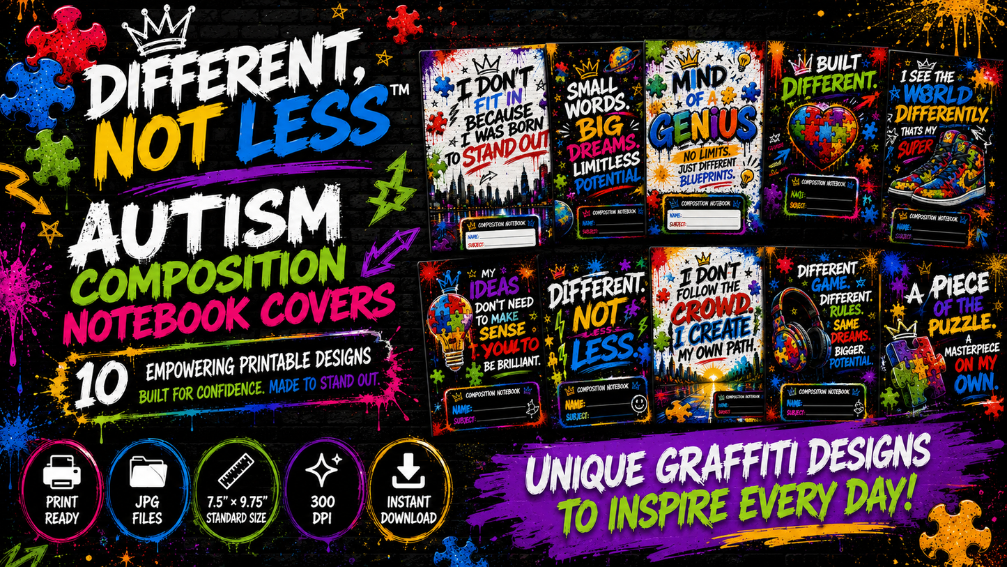 Different, Not Less™ Urban Autism Composition Notebook Covers | 10 Printable Graffiti Designs | Canva Ready