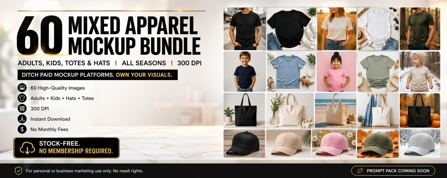 60 Mixed Apparel Mockup Bundle | Adults, Kids, Totes & Hats | All Seasons | High-Quality Stock Images – Ditch Paid Mockup Platforms!