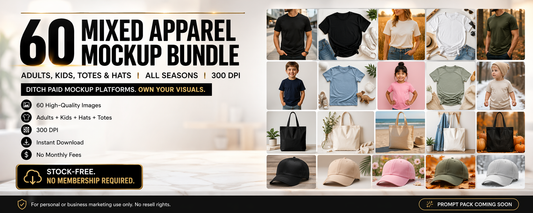 60 Mixed Apparel Mockup Bundle | Adults, Kids, Totes & Hats | All Seasons | High-Quality Stock Images – Ditch Paid Mockup Platforms!