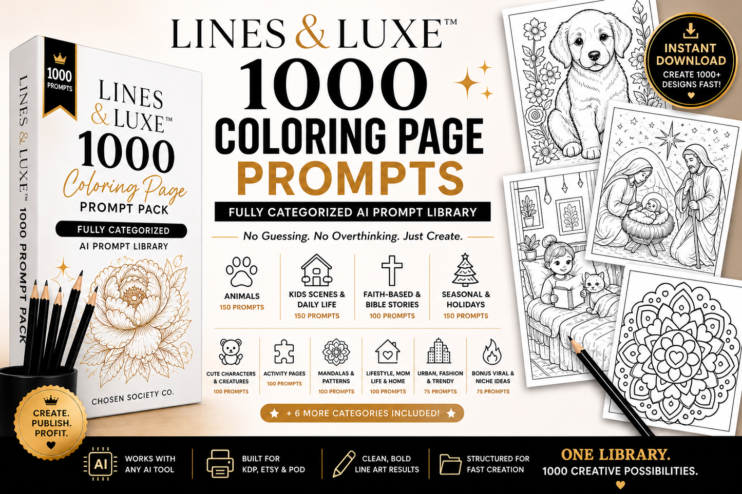 Lines & Luxe™ 1000 Coloring Page Prompt Pack – Fully Categorized AI Prompt Library