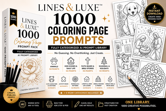 Lines & Luxe™ 1000 Coloring Page Prompt Pack – Fully Categorized AI Prompt Library