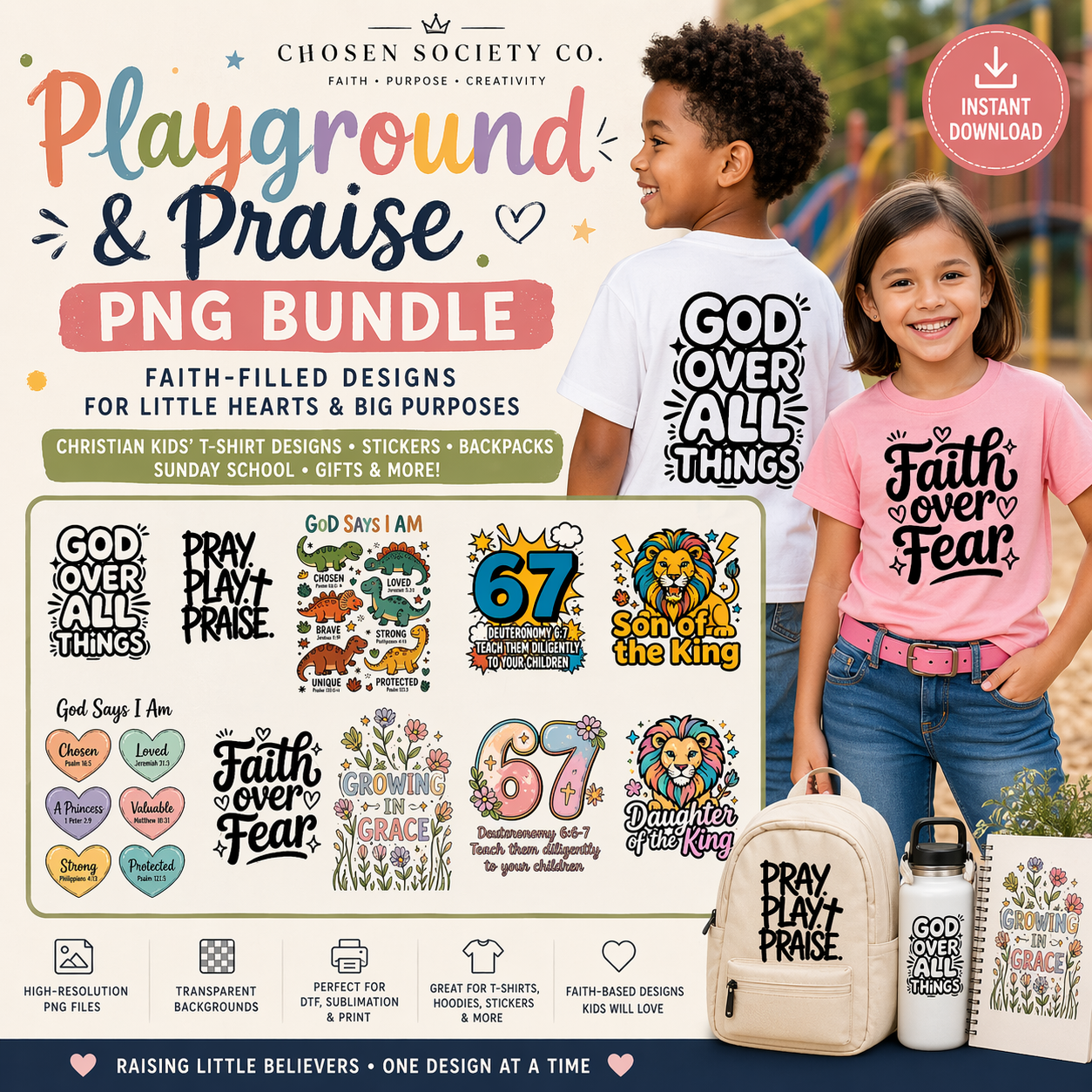Playground & Praise PNG Bundle | Christian Kids’ T-Shirt Designs | Faith JPG/PNG Set for DTF, Sublimation & Stickers