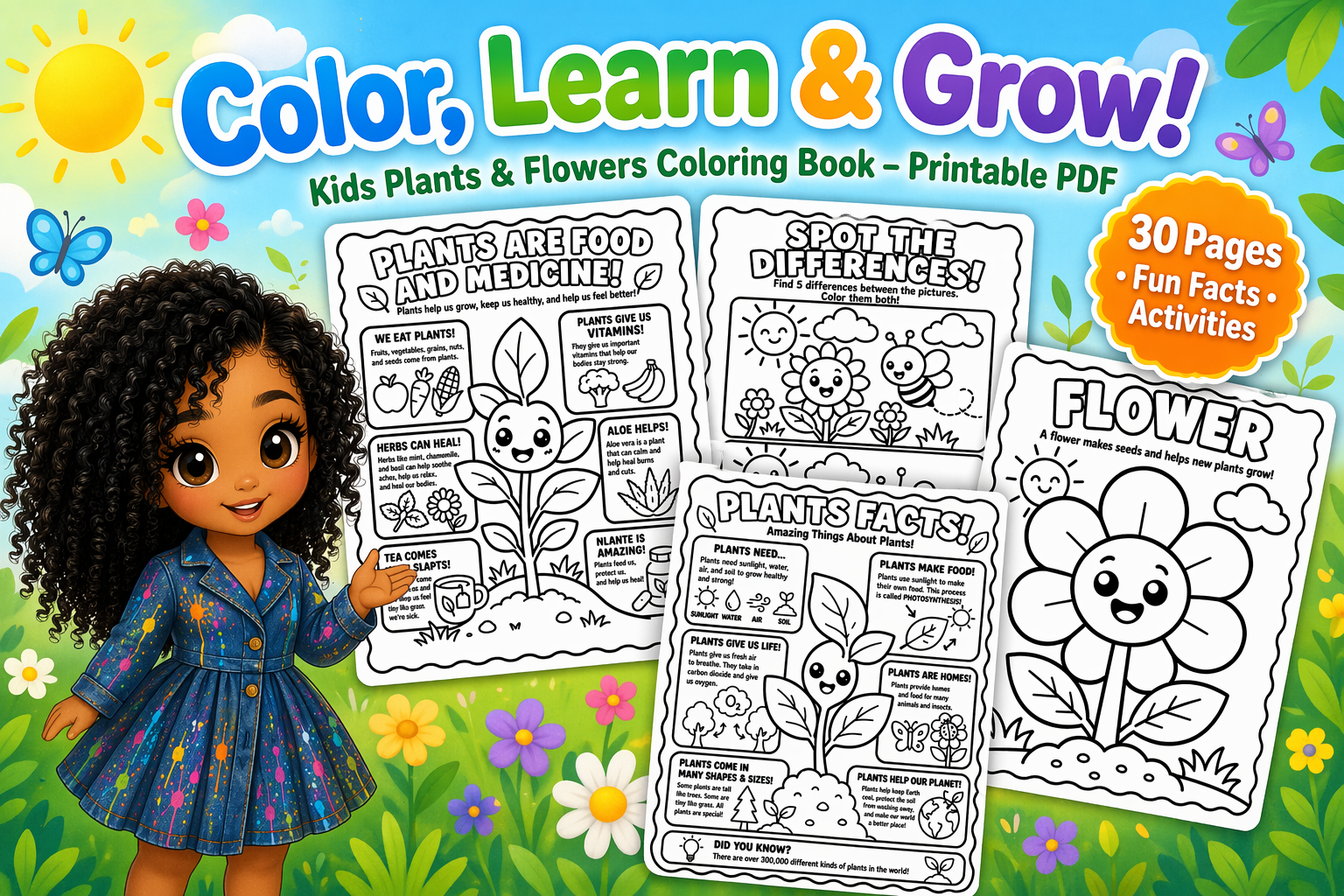 Coloring book for kids with plants and flowers, featuring a doll and coloring pages.