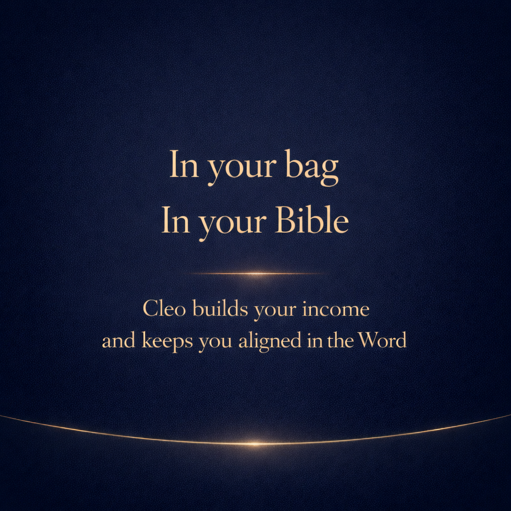 Dark blue background with gold text about Cleo's services