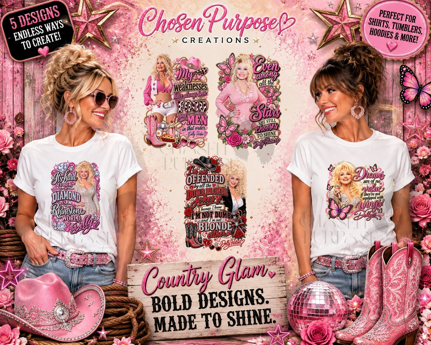 Dolly Parton PNG Design Bundle | 5 Pink Rhinestone & Cowgirl Graphics 💖