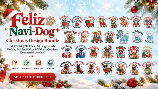 Feliz Navi-Dog Christmas Design Bundle | 30 PNG & JPG Files, 14 Dog Breeds | Holiday T-Shirt, Sticker & Wall Art Graphics (Commercial Use Only)