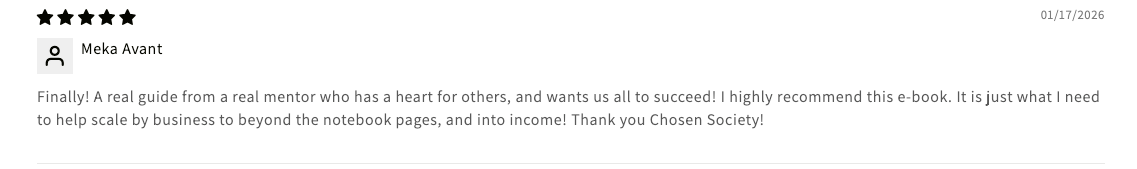 Five-star review from Mika Avant for a business e-book, praising the mentor's heart and recommending the product.