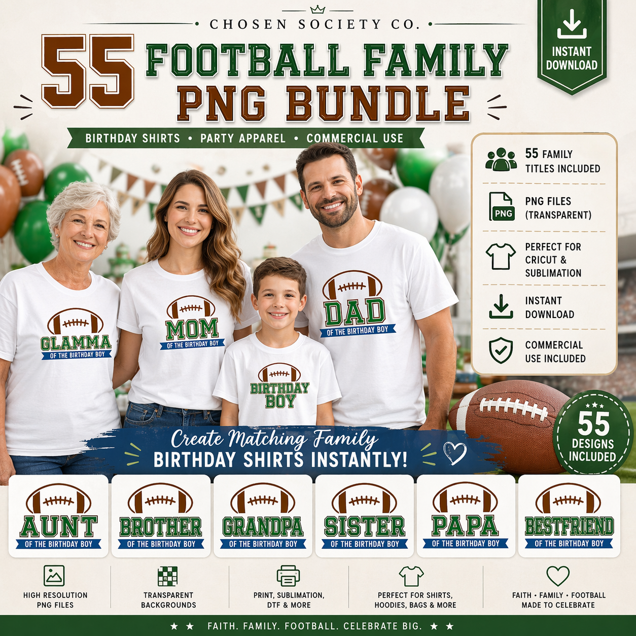 Family wearing matching football-themed shirts with text like 'Mom', 'Dad', 'Aunt', 'Brother', etc., on a promotional graphic for a football family PNG bundle.