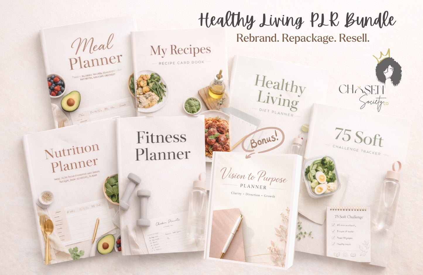 Healthy Living Planner Bundle (Editable PLR Templates for Meal Planning & Fitness)