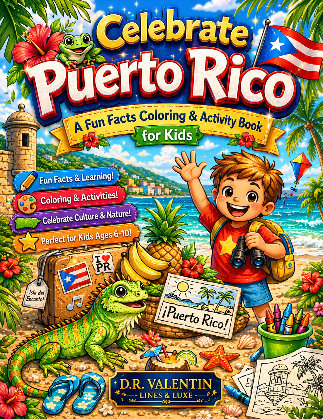 Coloring book cover for 'Celebrate Puerto Rico' with a child, lizards, and beach elements.