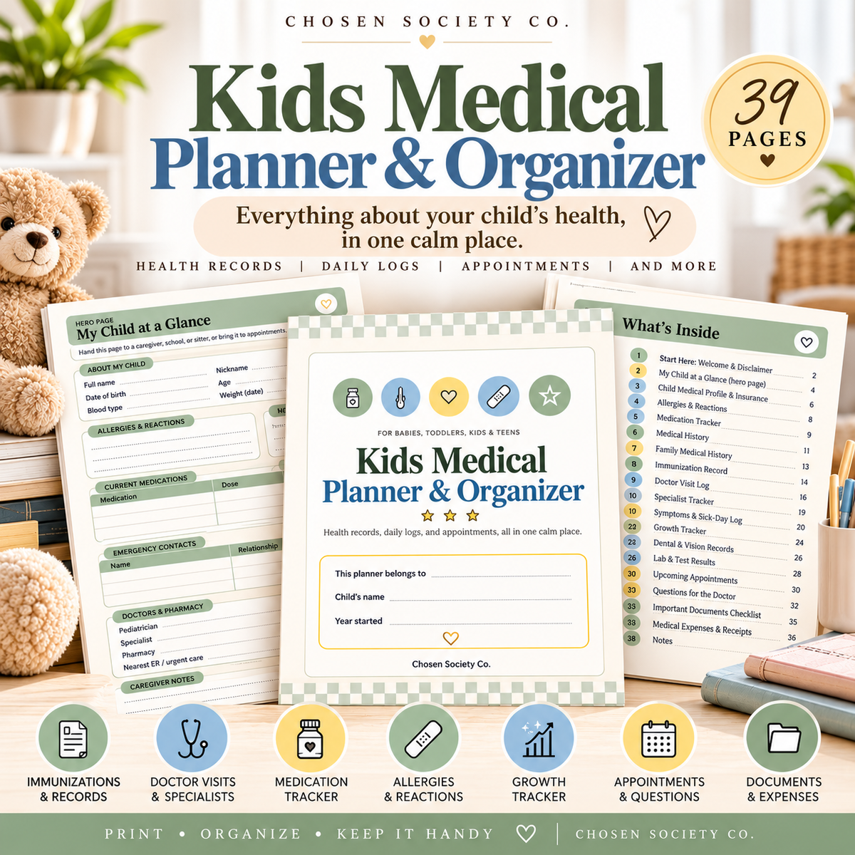 Kids Medical Planner & Health Organizer | Printable Child Health Record Binder