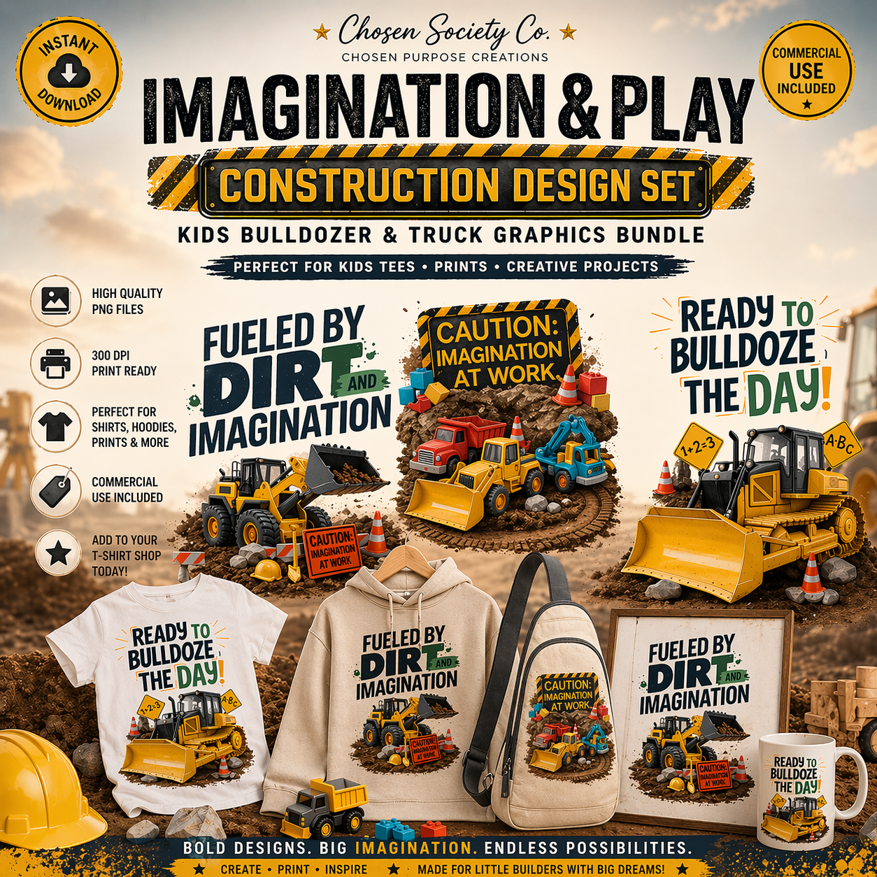 Construction-themed graphics bundle with bulldozers, trucks, and related text for kids' products.