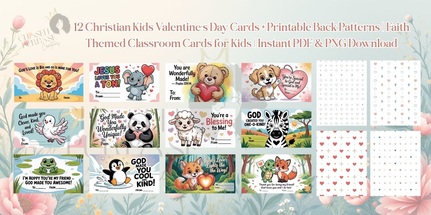 12 Christian Kids Valentine’s Day Cards + Printable Back Patterns | Faith-Themed Classroom Cards for Kids | Instant JPG Download