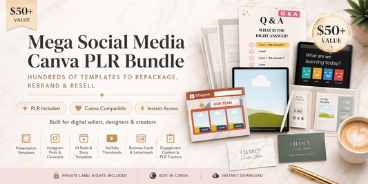 Promotional graphic for Mega Social Media Canva PLR Bundle with templates and branding materials on a desk.