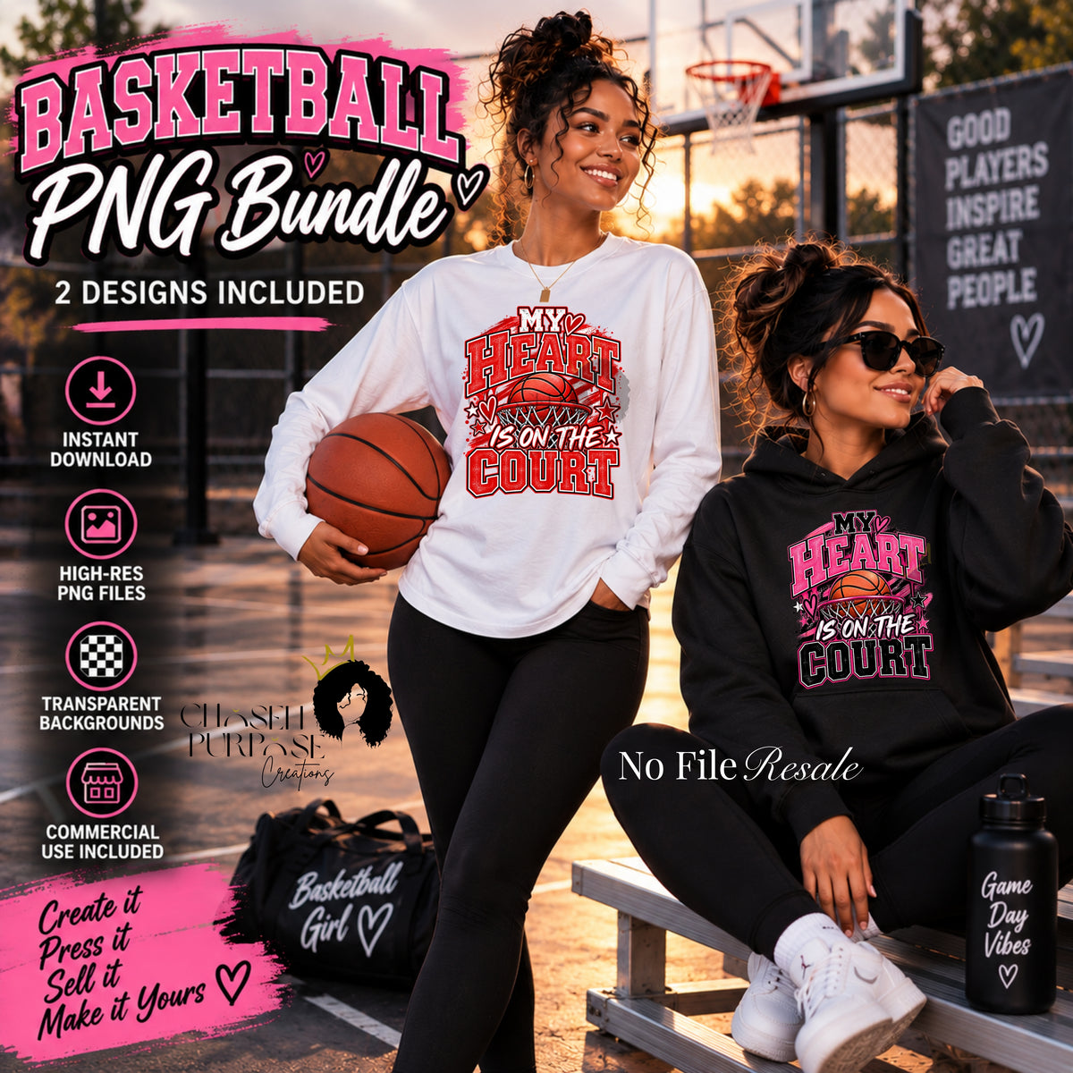 My Heart Is on the Court Basketball PNG Bundle | Commercial Use