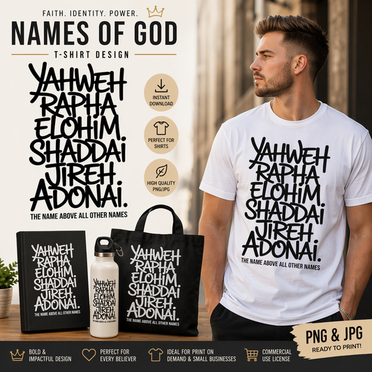 Man wearing a white t-shirt with 'YAHWEH RAPHA ELOHIM SHADDAI JIREH ADONAI' design, surrounded by matching merchandise.