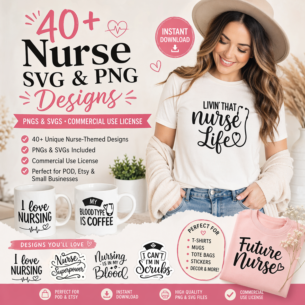 40+ Nurse SVG & PNG Designs – Commercial Use Bundle for POD, Etsy & Small Businesses
