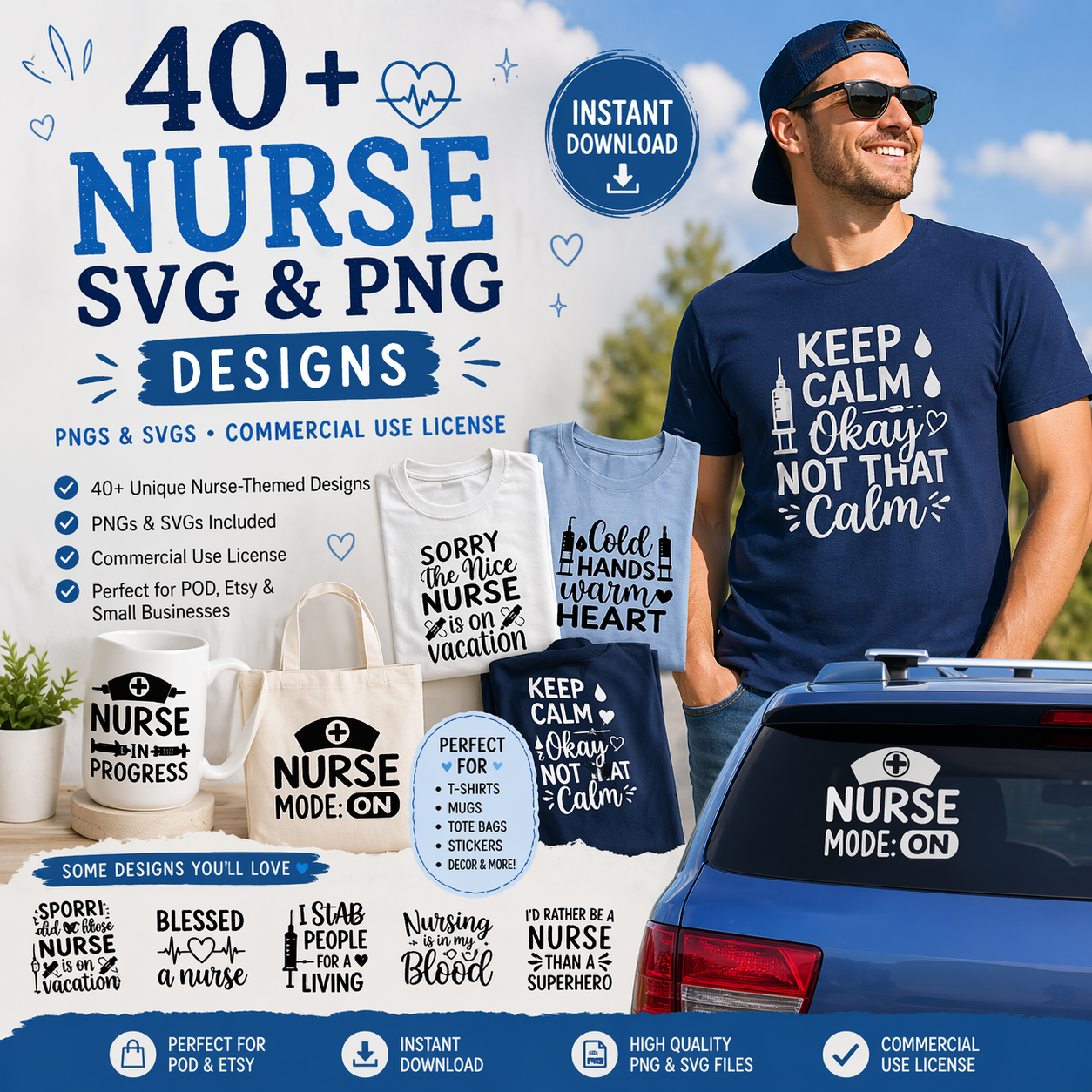 Promotional graphic for nurse-themed SVG and PNG designs with a man wearing a t-shirt and car decal.