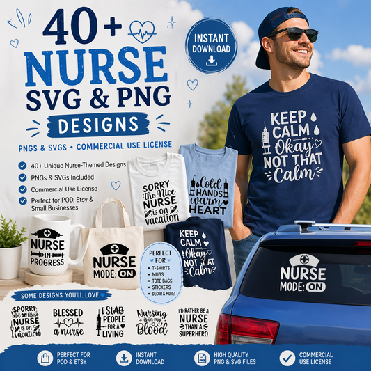 Promotional graphic for nurse-themed SVG and PNG designs with a man wearing a t-shirt and car decal.
