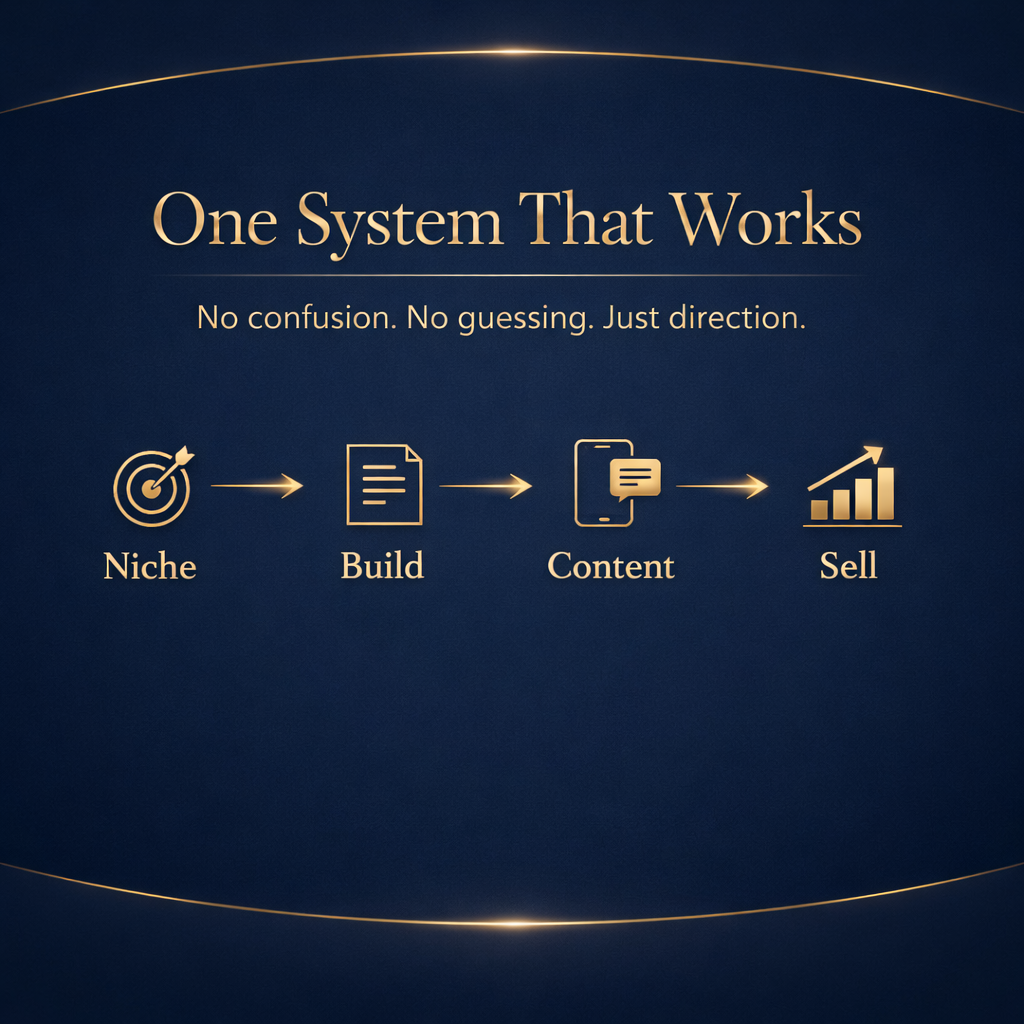 Diagram of a marketing system with steps from Niche to Sell on a dark blue background.