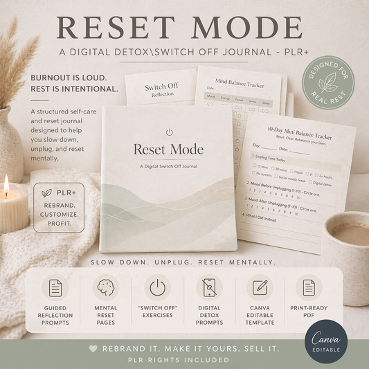 Digital detox switch off journal titled 'Reset Mode' with branding elements on a light background.