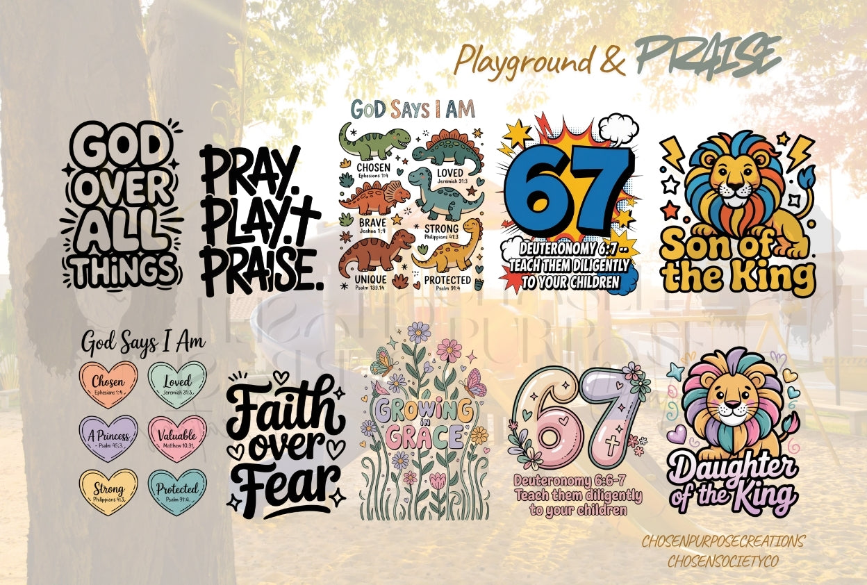 Playground & Praise PNG Bundle | Christian Kids’ T-Shirt Designs | Faith JPG/PNG Set for DTF, Sublimation & Stickers