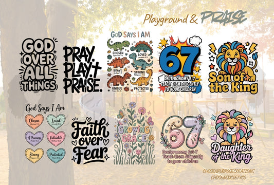 Playground & Praise PNG Bundle | Christian Kids’ T-Shirt Designs | Faith JPG/PNG Set for DTF, Sublimation & Stickers