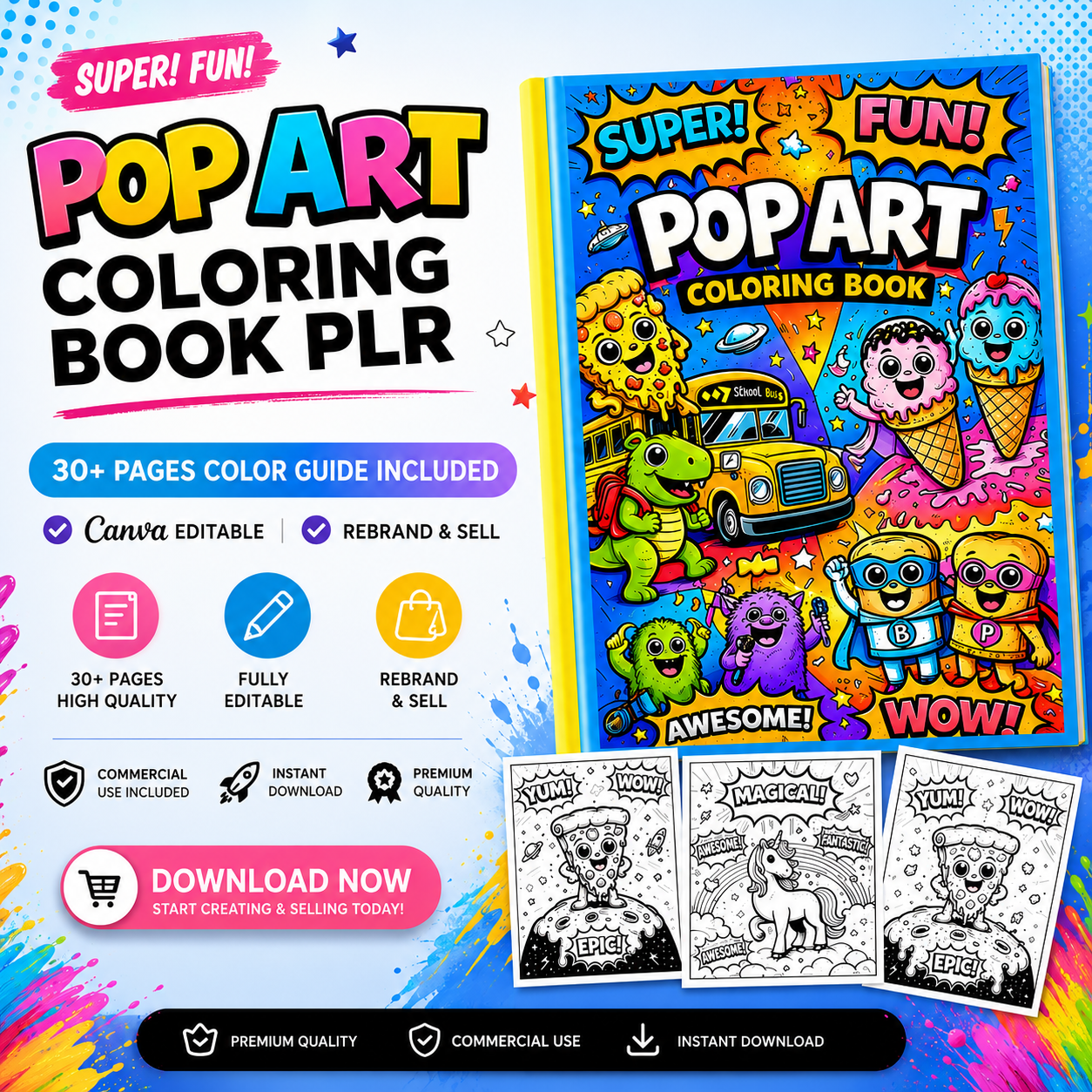 Pop Art Coloring Book PLR – 30+ Pages + Color Guide (Canva Editable Template)